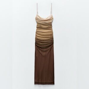 Zara Brown Ruched tulle midi dress NWT
